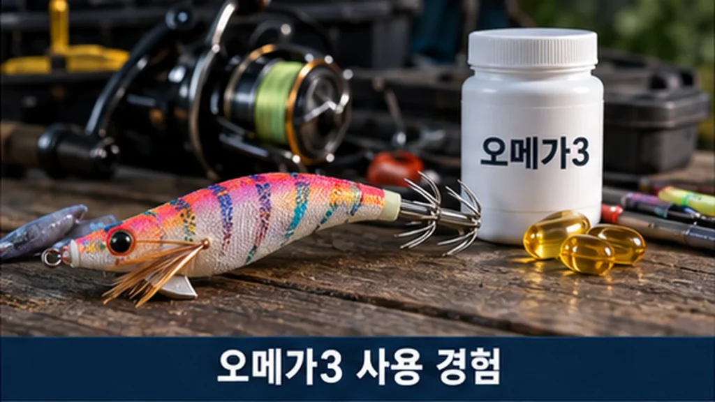낚시 도구 옆에 놓인 에기와 오메가3 용기 및 캡슐