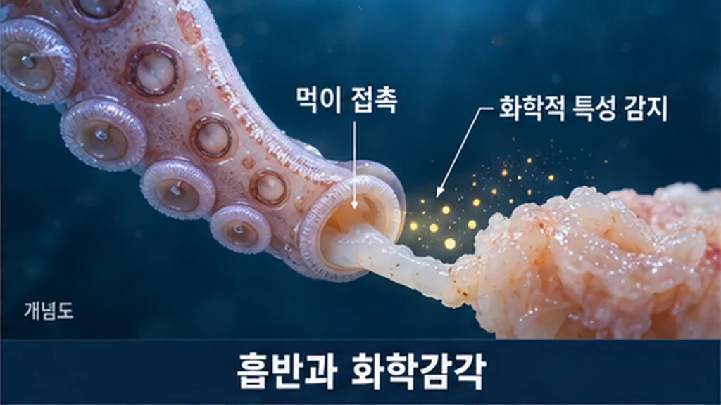 오징어의 흡반이 먹이에 접촉해 화학적 특성을 감지하는 과정을 표현한 개념도