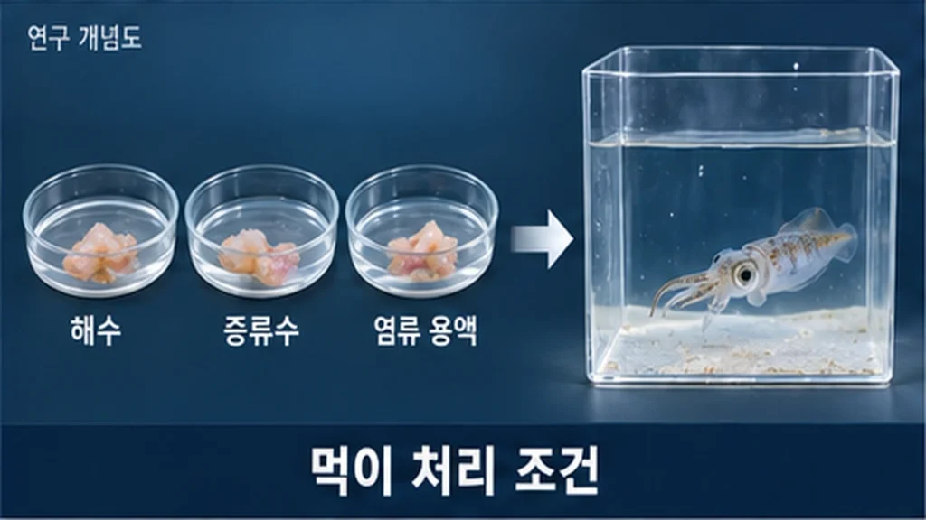 해수·증류수·염류 용액으로 처리한 먹이를 무늬오징어 유생에게 제공하는 연구 개념도