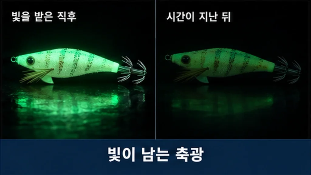빛을 받은 직후와 시간이 지난 뒤 에기에 남는 축광의 밝기 차이